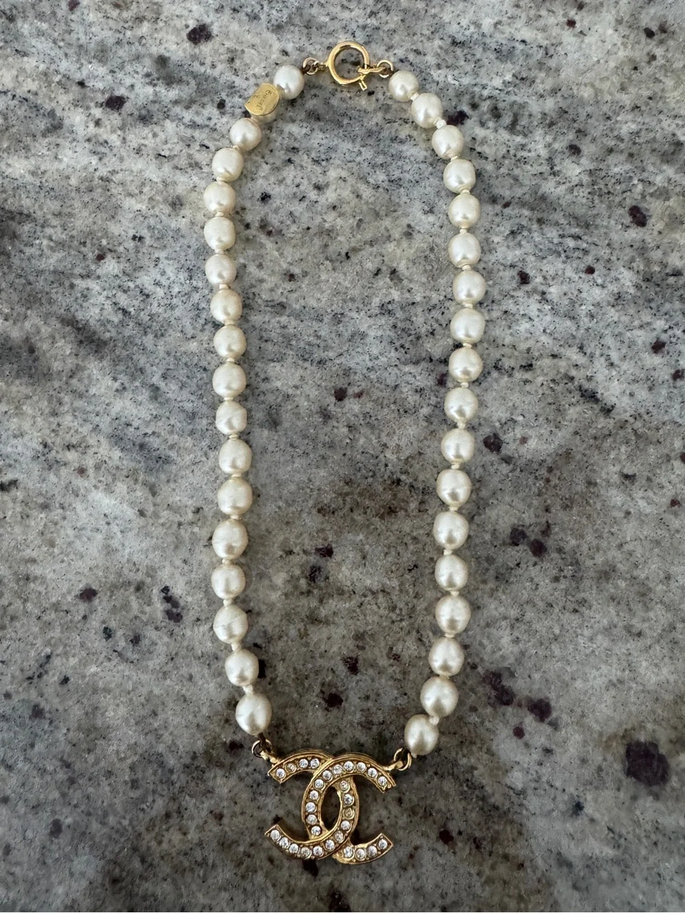 70s Chanel Necklace Pearl Strass Crystal Gold Plated Pendant Collar Collier